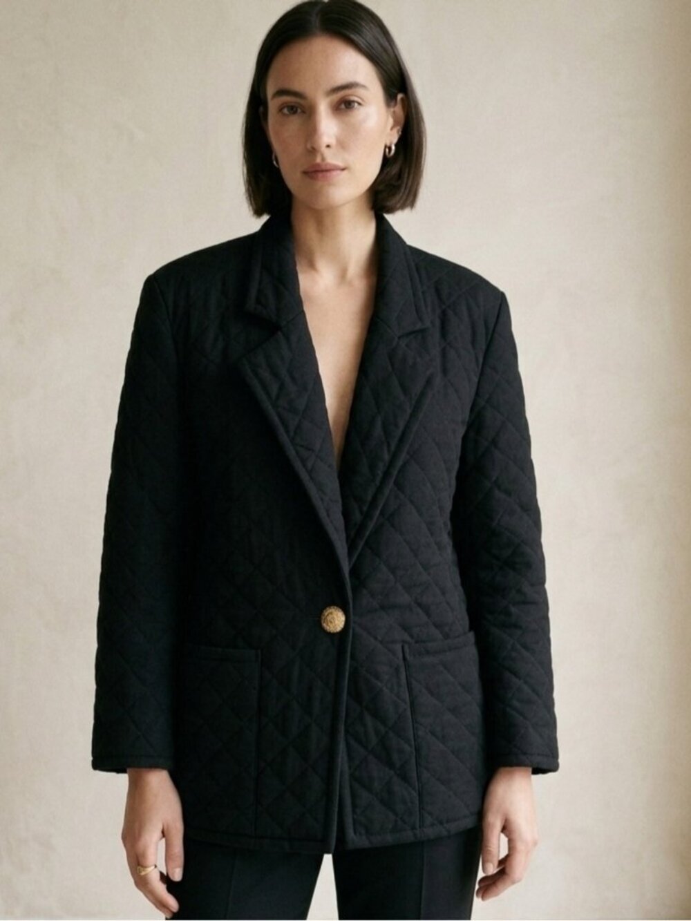 Vintage 80s Black Wool Quilted Blazer Jacket with Gold Buttons Size 6